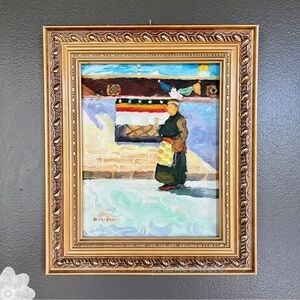 Original Art Oil Painting on Wood Tibetan Life Series Framed Approx 11x13”